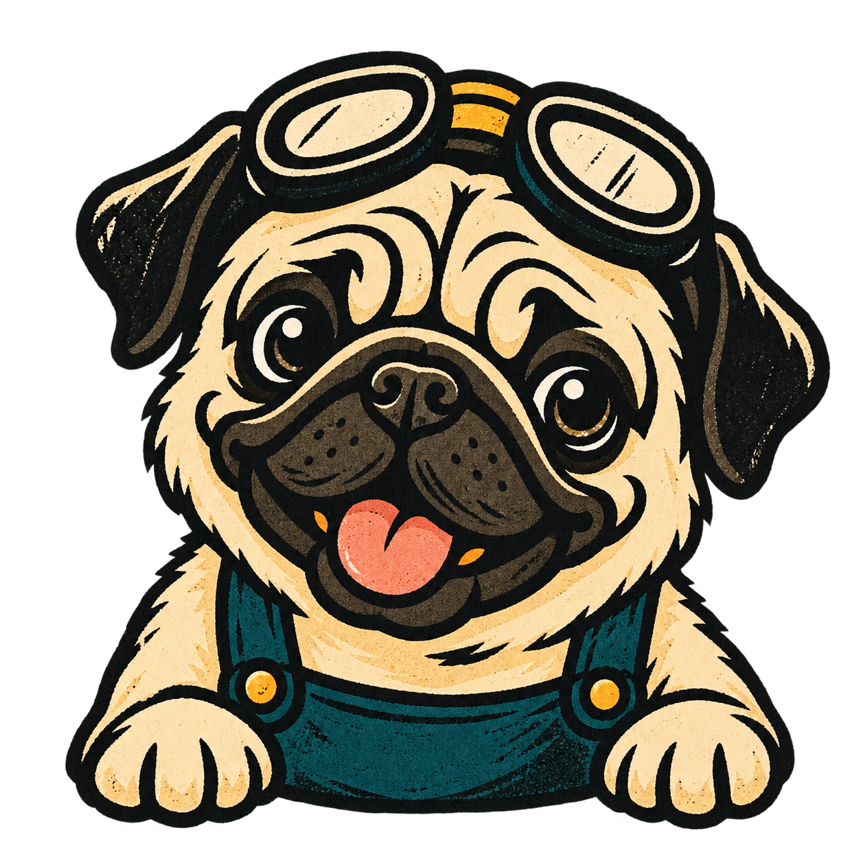 Happy, a cheerful pug wearing workshop goggles and teal overalls
